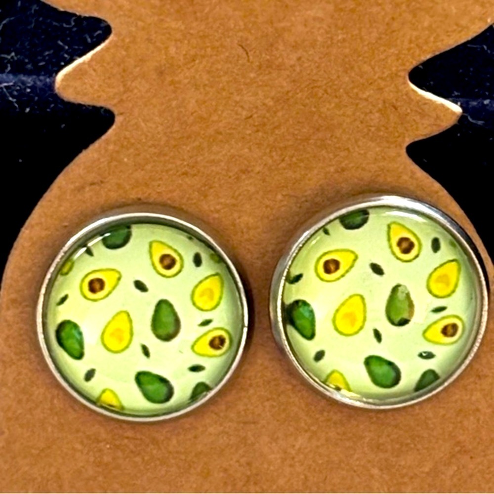 12mm Avocado Print Handmade Stainless Steel Earrings, Unworn, NWT
